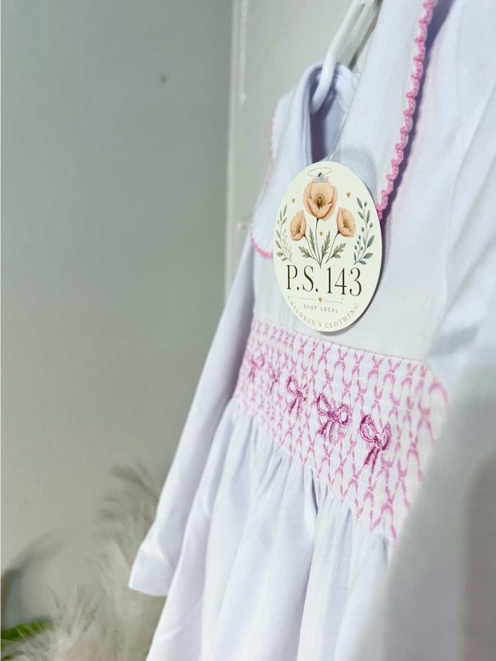 White & Pink Smocked Girls Dress